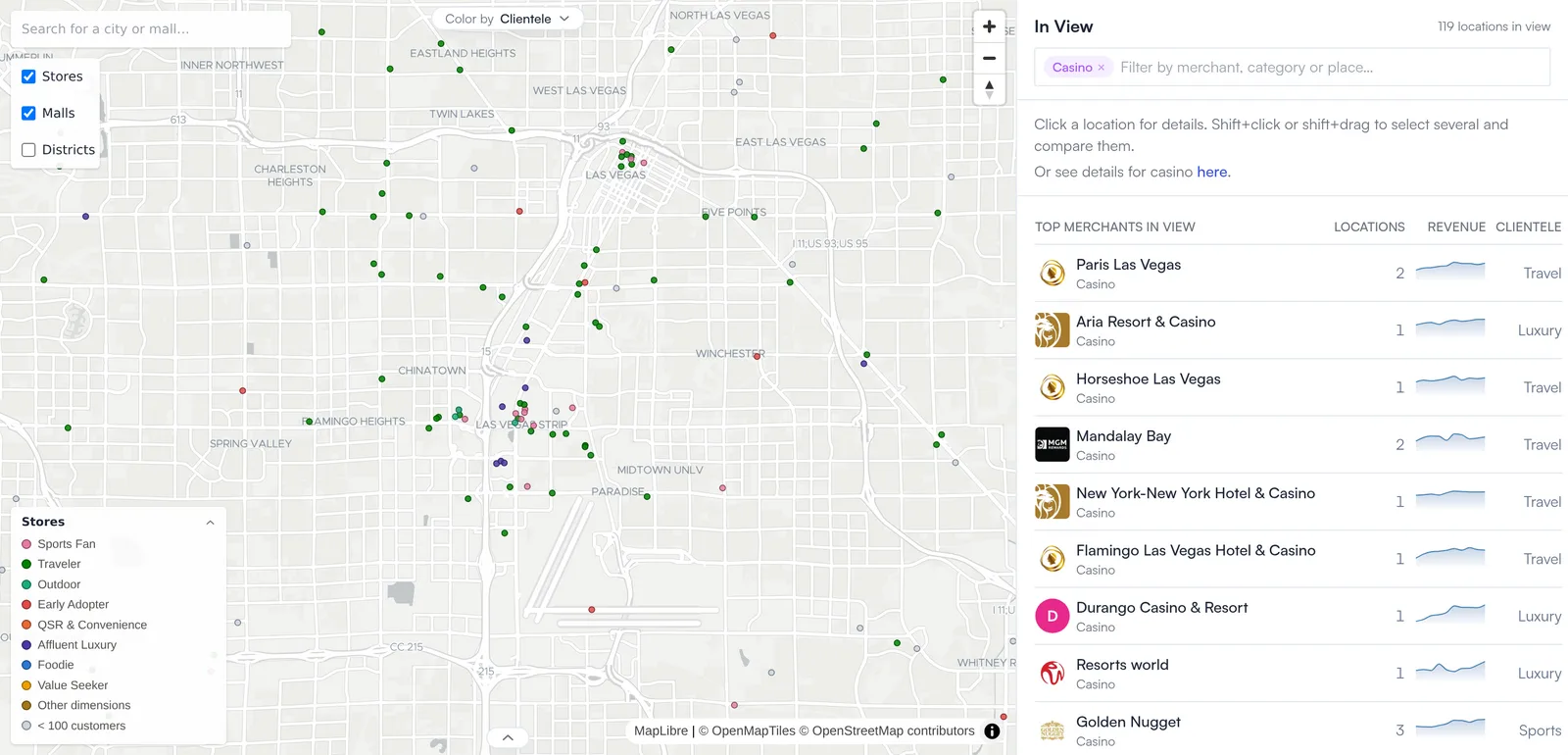 Explore map of the Las Vegas valley with every casino colored by the clientele it draws, and the top properties in view with locations, quarterly revenue trends and dominant clientele