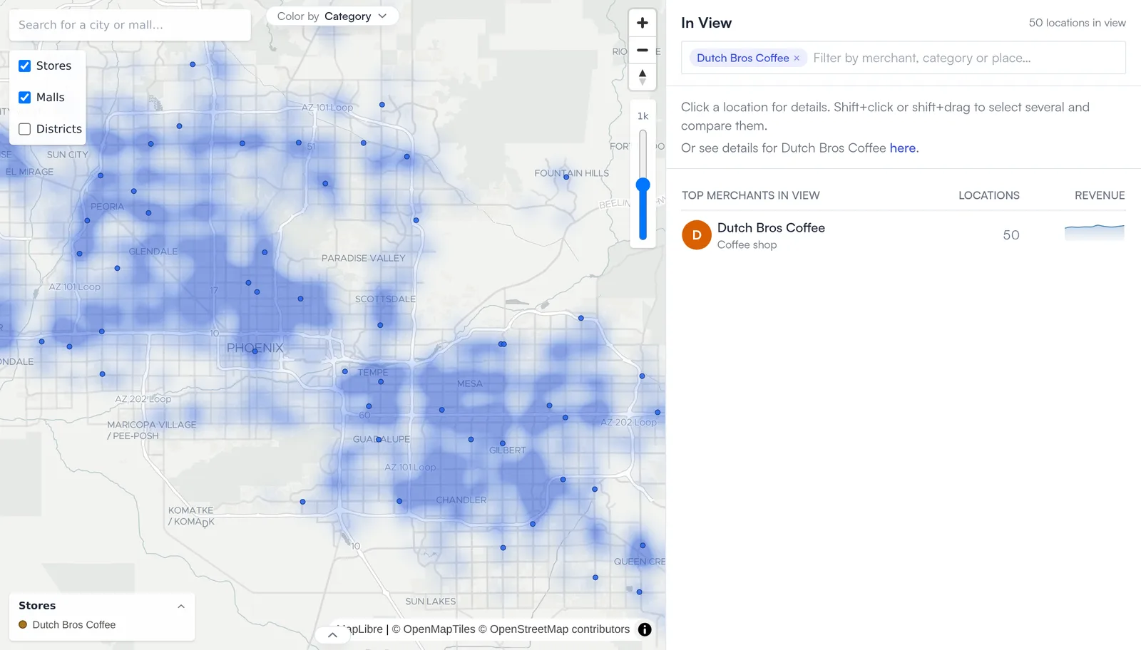 Map of Phoenix with Dutch Bros Coffee stores over a heat map of where their customers live