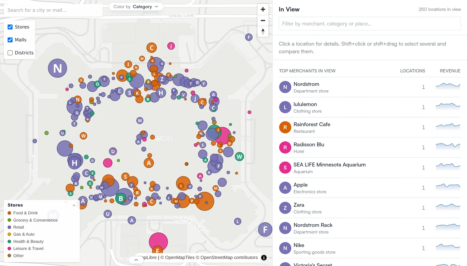 Map of Mall of America with every store as a dot and its top merchants, from Nordstrom to the SEA LIFE aquarium
