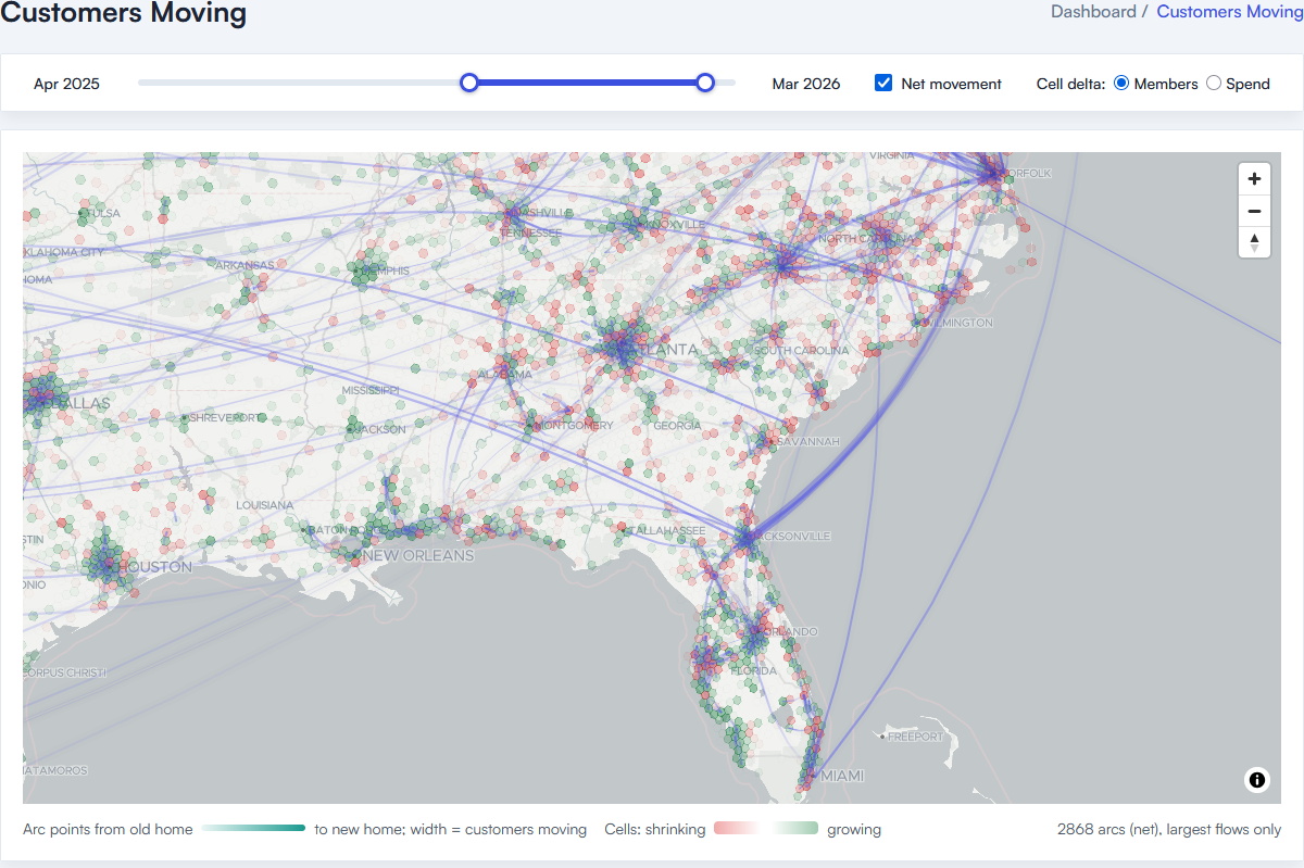 Map of the southeastern United States showing customer relocation arcs between cities