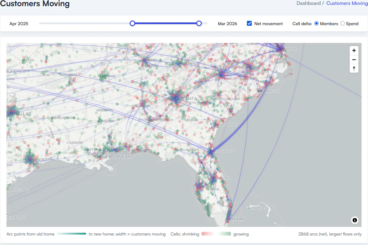 Map of the southeastern United States showing customer relocation arcs between cities