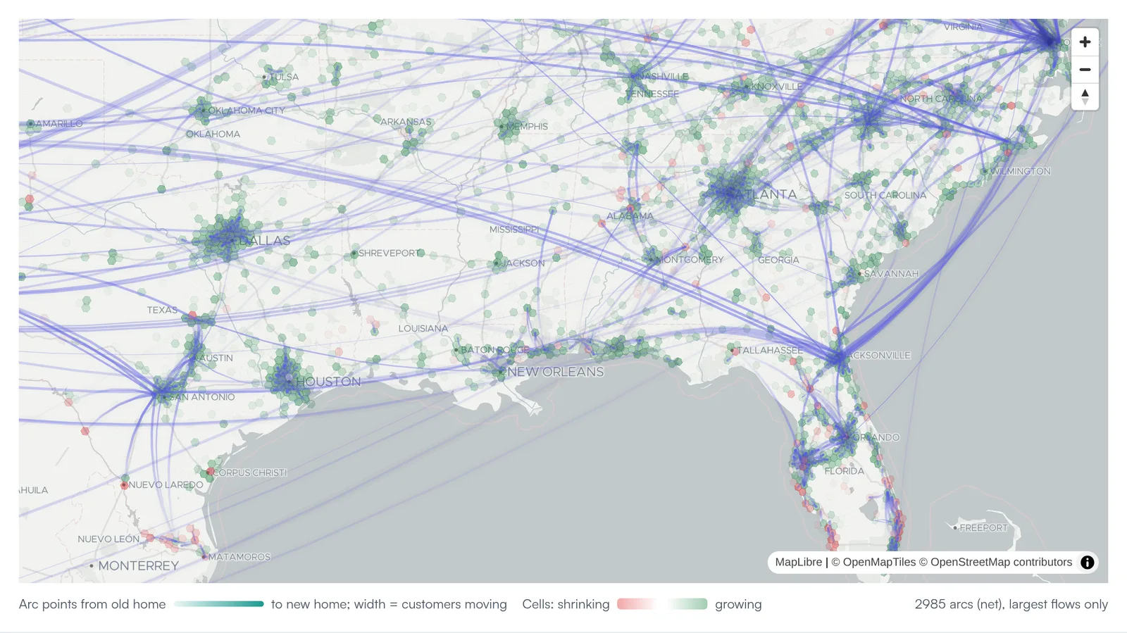 Net household moves across the southern United States, with arcs converging on Dallas, Houston, Atlanta and Florida